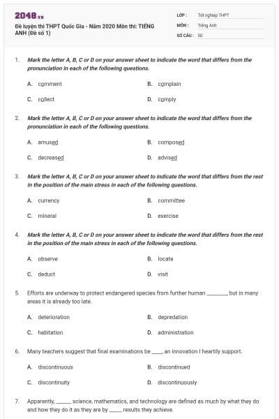 Đề luyện thi THPT Quốc Gia - Năm 2020 Môn thi: TIẾNG ANH (Đề số 1)