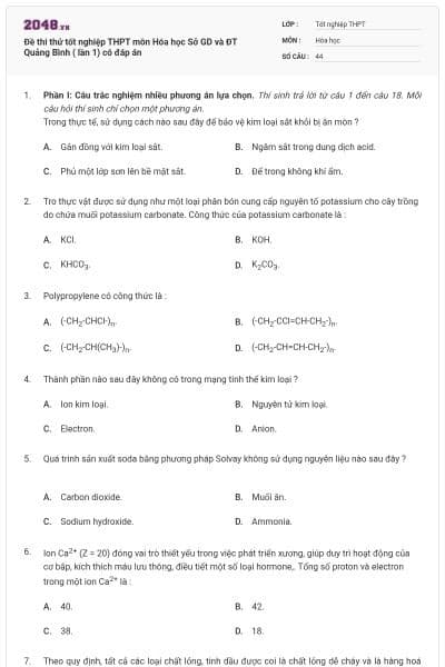 Đề thi thử tốt nghiệp THPT môn Hóa học Sở GD và ĐT Quảng Bình ( lần 1) có đáp án