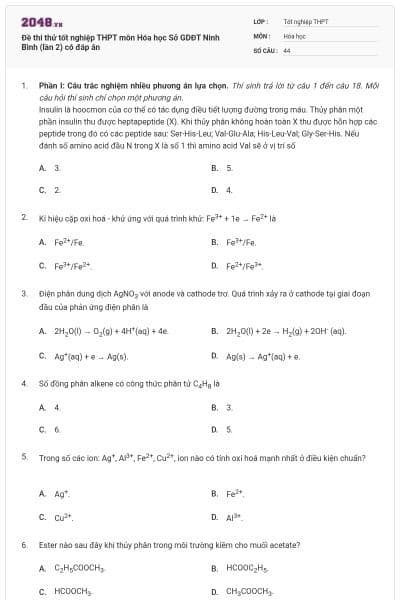Đề thi thử tốt nghiệp THPT môn Hóa học Sở GDĐT Ninh Bình (lần 2) có đáp án