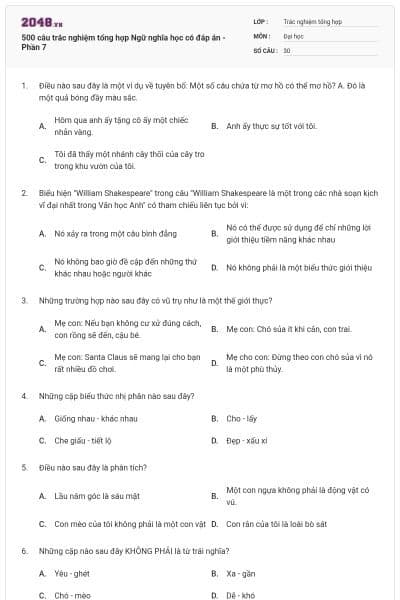 500 câu trắc nghiệm tổng hợp Ngữ nghĩa học có đáp án - Phần 7