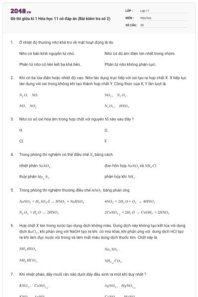 Đề thi giữa kì 1 Hóa học 11 có đáp án (Bài kiểm tra số 2)