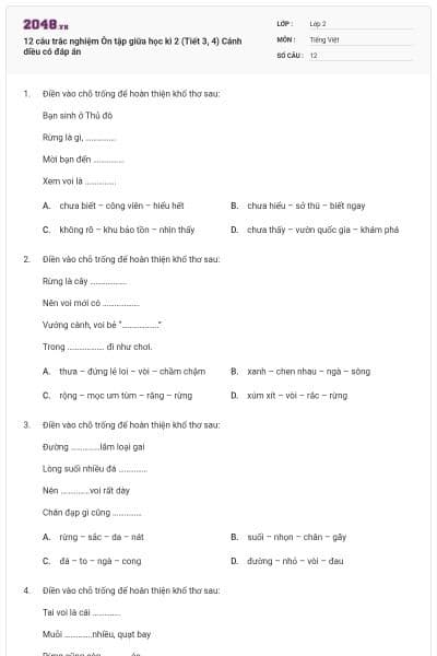 12 câu trắc nghiệm Ôn tập giữa học kì 2 (Tiết 3, 4) Cánh diều có đáp án