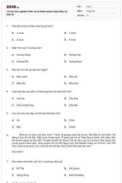 10 câu trắc nghiệm Viết, vẽ về thiên nhiên Cánh diều có đáp án