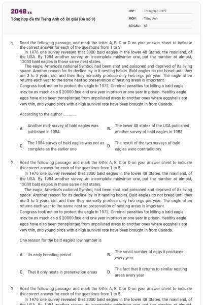 Tổng hợp đề thi Tiếng Anh có lời giải (Đề số 9)