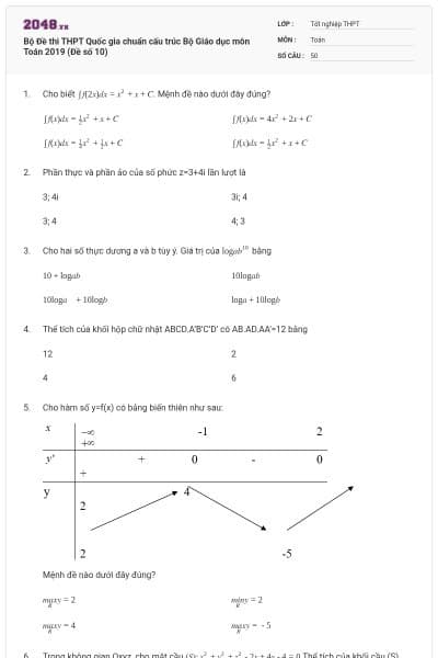 Bộ Đề thi THPT Quốc gia chuẩn cấu trúc Bộ Giáo dục môn Toán 2019 (Đề số 10)