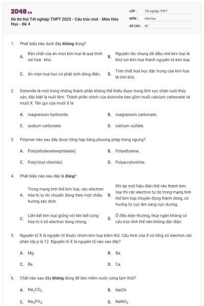 Đề thi thử Tốt nghiệp THPT 2025 - Cấu trúc mới - Môn Hóa Học - Đề 4