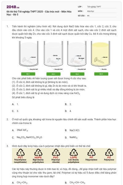 Đề thi thử Tốt nghiệp THPT 2025 - Cấu trúc mới - Môn Hóa Học - Đề 5