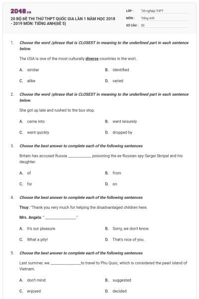 20 BỘ ĐỀ THI THỬ THPT QUỐC GIA LẦN 1 NĂM HỌC 2018 - 2019 MÔN: TIẾNG ANH(ĐỀ 5)