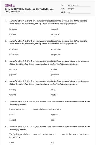 Đề thi thử THPTQG Sở Giáo Dục Và Đào Tạo Hà Nội môn Tiếng Anh (đề số 12)