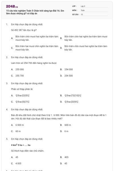 15 câu trắc nghiệm Toán 5 Chân trời sáng tạo Bài 16. Em làm được những gì? có đáp án