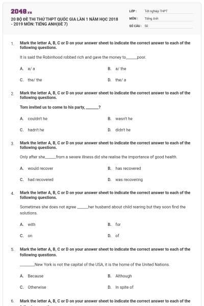 20 BỘ ĐỀ THI THỬ THPT QUỐC GIA LẦN 1 NĂM HỌC 2018 - 2019 MÔN: TIẾNG ANH(ĐỀ 7)