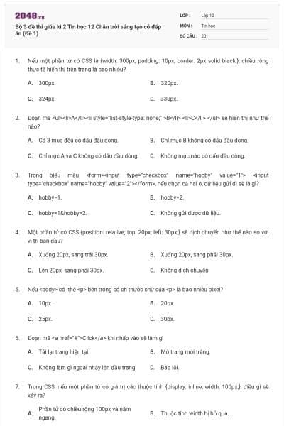 Bộ 3 đề thi giữa kì 2 Tin học 12 Chân trời sáng tạo có đáp án (Đề 1)