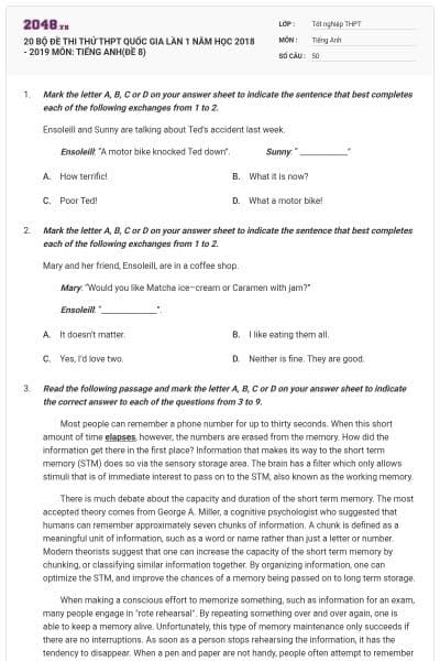 20 BỘ ĐỀ THI THỬ THPT QUỐC GIA LẦN 1 NĂM HỌC 2018 - 2019 MÔN: TIẾNG ANH(ĐỀ 8)