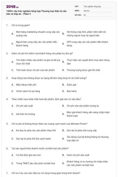 1000+ câu trắc nghiệm tổng hợp Thương mại điện tử căn bản có đáp án - Phần 4