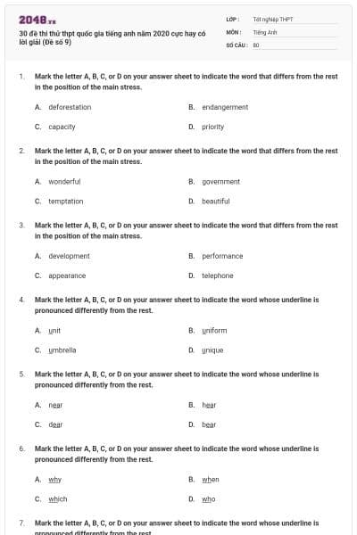 30 đề thi thử thpt quốc gia tiếng anh năm 2020 cực hay có lời giải (Đề số 9)