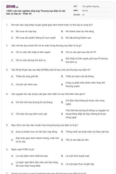 1000+ câu trắc nghiệm tổng hợp Thương mại điện tử căn bản có đáp án - Phần 45