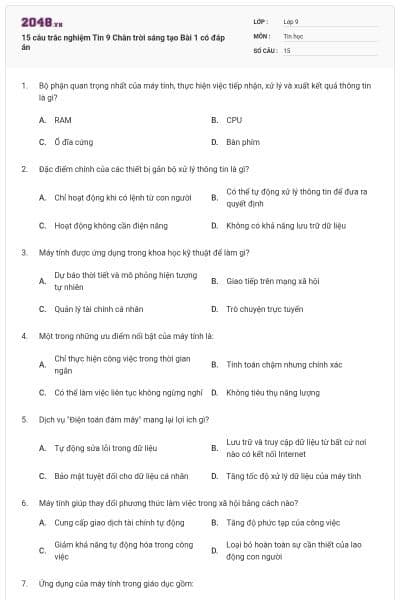 15 câu trắc nghiệm Tin 9 Chân trời sáng tạo Bài 1 có đáp án