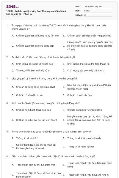 1000+ câu trắc nghiệm tổng hợp Thương mại điện tử căn bản có đáp án - Phần 57