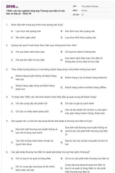 1000+ câu trắc nghiệm tổng hợp Thương mại điện tử căn bản có đáp án - Phần 59