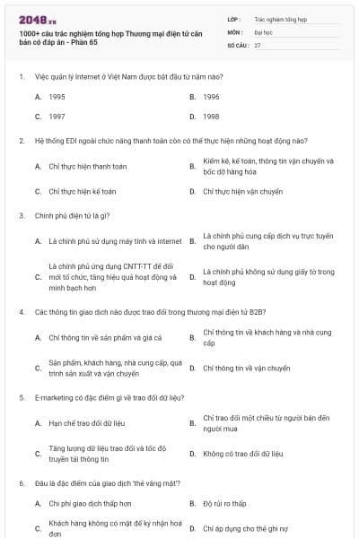 1000+ câu trắc nghiệm tổng hợp Thương mại điện tử căn bản có đáp án - Phần 65