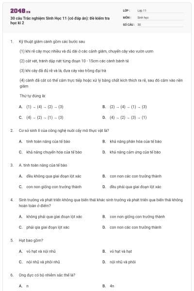30 câu Trắc nghiệm Sinh Học 11 (có đáp án): Đề kiểm tra học kì 2