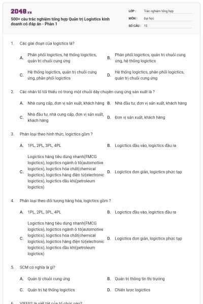 500+ câu trắc nghiệm tổng hợp Quản trị Logistics kinh doanh có đáp án - Phần 1