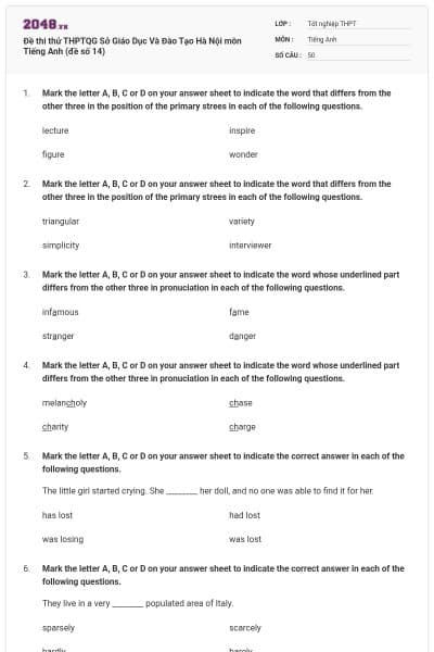 Đề thi thử THPTQG Sở Giáo Dục Và Đào Tạo Hà Nội môn Tiếng Anh (đề số 14)