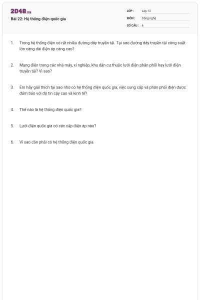 Bài 22: Hệ thống điện quốc gia