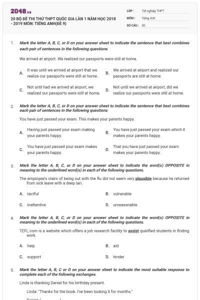 20 BỘ ĐỀ THI THỬ THPT QUỐC GIA LẦN 1 NĂM HỌC 2018 - 2019 MÔN: TIẾNG ANH(ĐỀ 9)