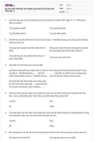 ĐỀ THI THỬ THPTQG 2019 MÔN LỊCH SỬ CÓ LỜI GIẢI CHI TIẾT (ĐỀ 1)