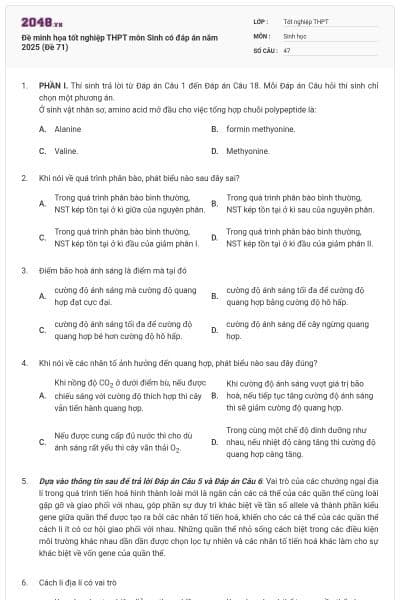 Đề minh họa tốt nghiệp THPT môn Sinh có đáp án năm 2025 (Đề 71)