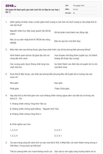 Đề luyện thi thpt quốc gia môn Lịch Sử có đáp án cực hay ( Đề 1)