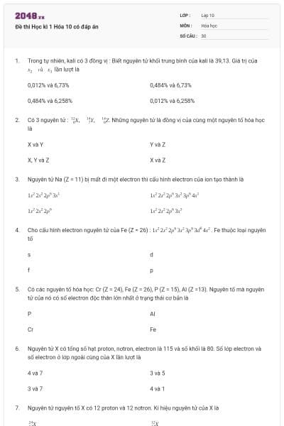 Đề thi Học kì 1 Hóa 10 có đáp án