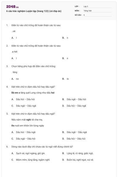 6 câu trắc nghiệm Luyện tập (trang 122) (có đáp án)