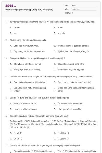 9 câu trắc nghiệm Luyện tập (trang 126) (có đáp án)