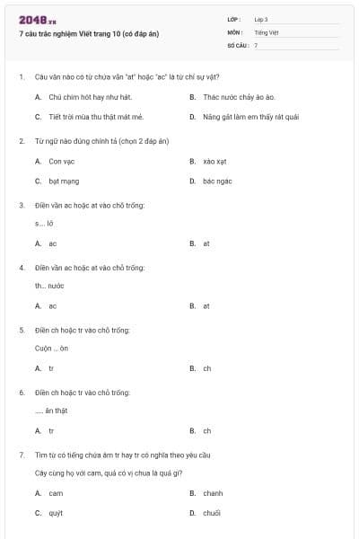 7 câu trắc nghiệm Viết trang 10 (có đáp án)