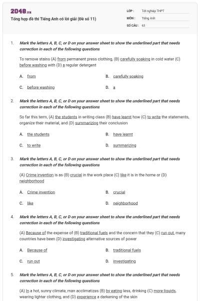 Tổng hợp đề thi Tiếng Anh có lời giải (Đề số 11)