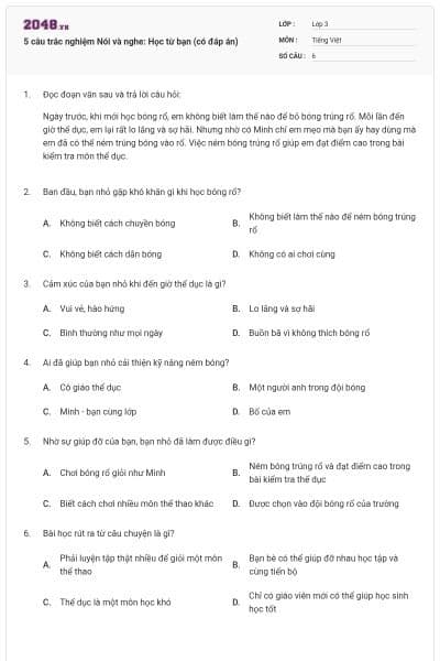 5 câu trắc nghiệm Nói và nghe: Học từ bạn (có đáp án)