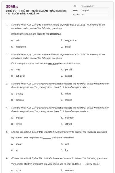 20 BỘ ĐỀ THI THỬ THPT QUỐC GIA LẦN 1 NĂM HỌC 2018 - 2019 MÔN: TIẾNG ANH(ĐỀ 10)