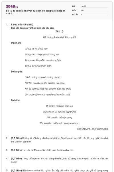 Bộ 10 đề thi cuối kì 2 Văn 12 Chân trời sáng tạo có đáp án - Đề 5