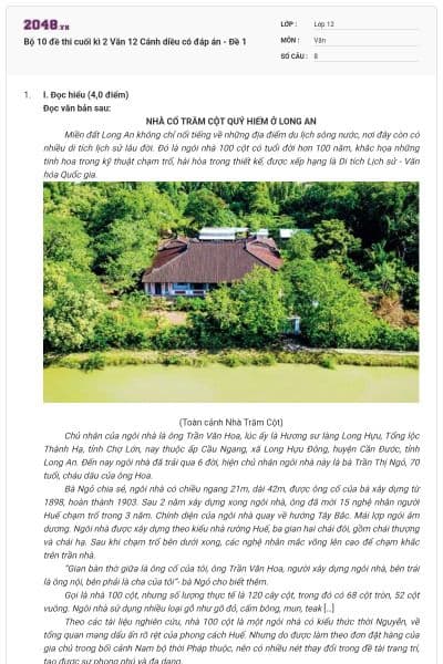 Bộ 10 đề thi cuối kì 2 Văn 12 Cánh diều có đáp án - Đề 1