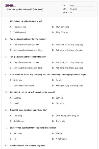 15 câu trắc nghiệm Núi quê tôi (có đáp án)