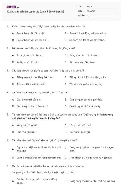 12 câu trắc nghiệm Luyện tập (trang 85) (có đáp án)