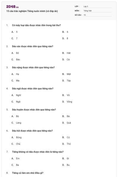 15 câu trắc nghiệm Tiếng nước mình (có đáp án)