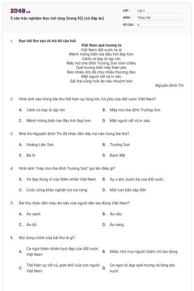 5 câu trắc nghiệm Đọc mở rộng (trang 92) (có đáp án)