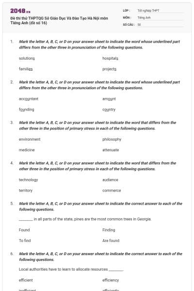 Đề thi thử THPTQG Sở Giáo Dục Và Đào Tạo Hà Nội môn Tiếng Anh (đề số 16)