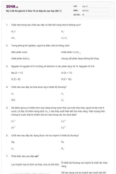 Bộ 2 Đề thi giữa kì 2 Hóa 10 có đáp án cực hay (Đề 1)