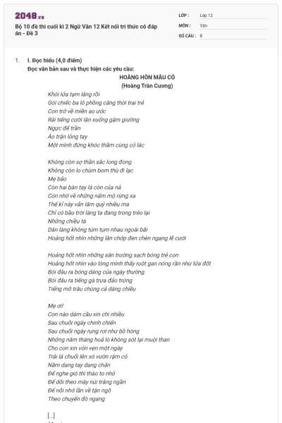 Bộ 10 đề thi cuối kì 2 Ngữ Văn 12 Kết nối tri thức có đáp án - Đề 3