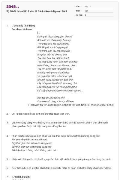 Bộ 10 đề thi cuối kì 2 Văn 12 Cánh diều có đáp án - Đề 8