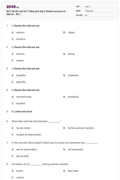 Bộ 5 đề thi cuối kì 2 Tiếng Anh lớp 5 Global success có đáp án - Đề 1